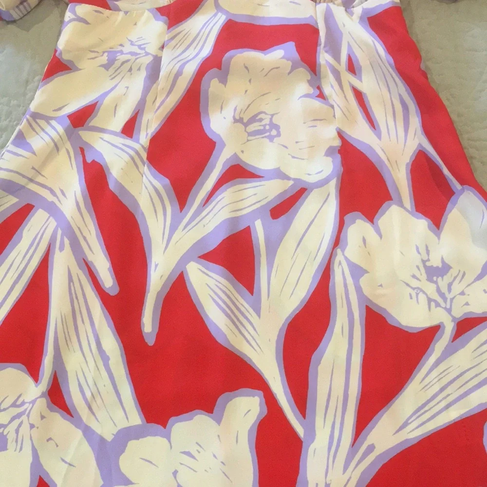 ๐ TOPSHOP Puff Sleeve Cutout Back Large Floral Satin Mini Dress 4 Red/Cream - Picture 12 of 15